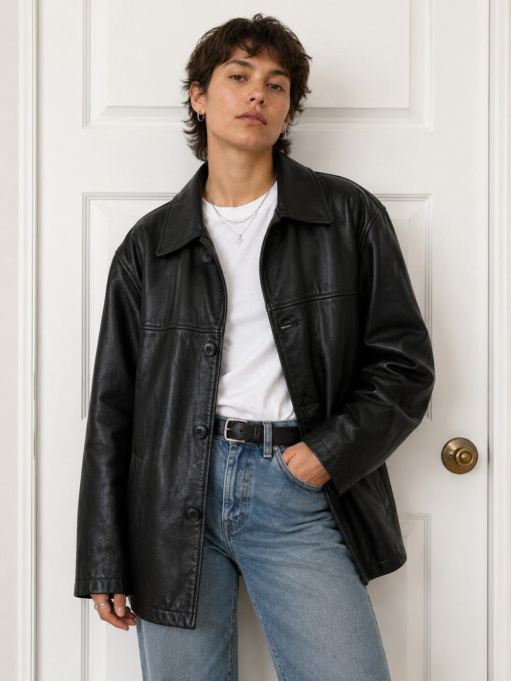 Vintage HiDesign Black Genuine Leather Jacket 90s Minimalist Car Coat M ✨